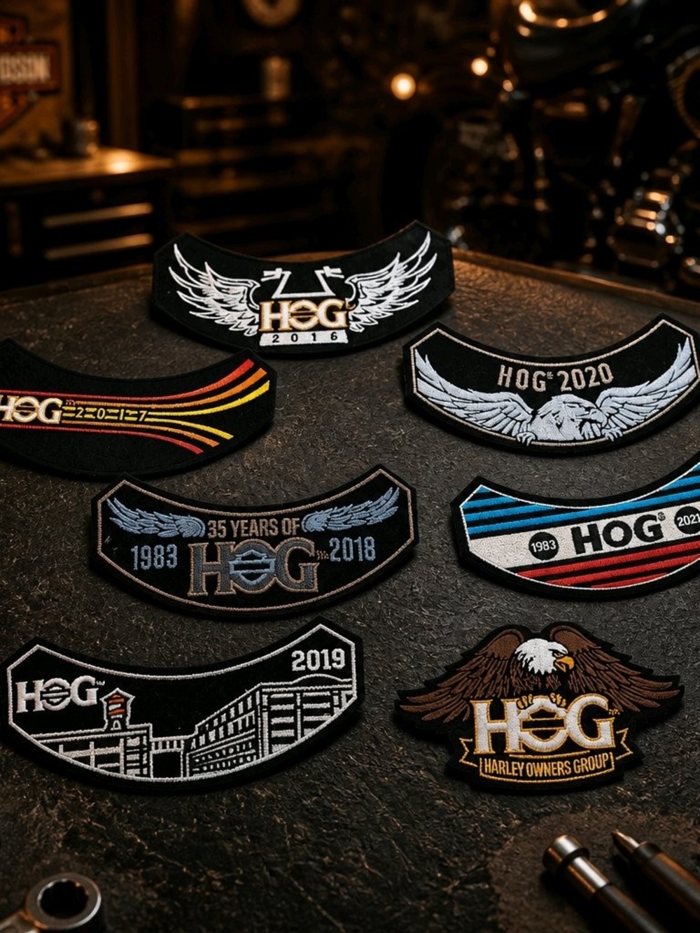 Harley Owners Group (HOG) Collectible Patch Set - Black, Gold, White, Blue, Red